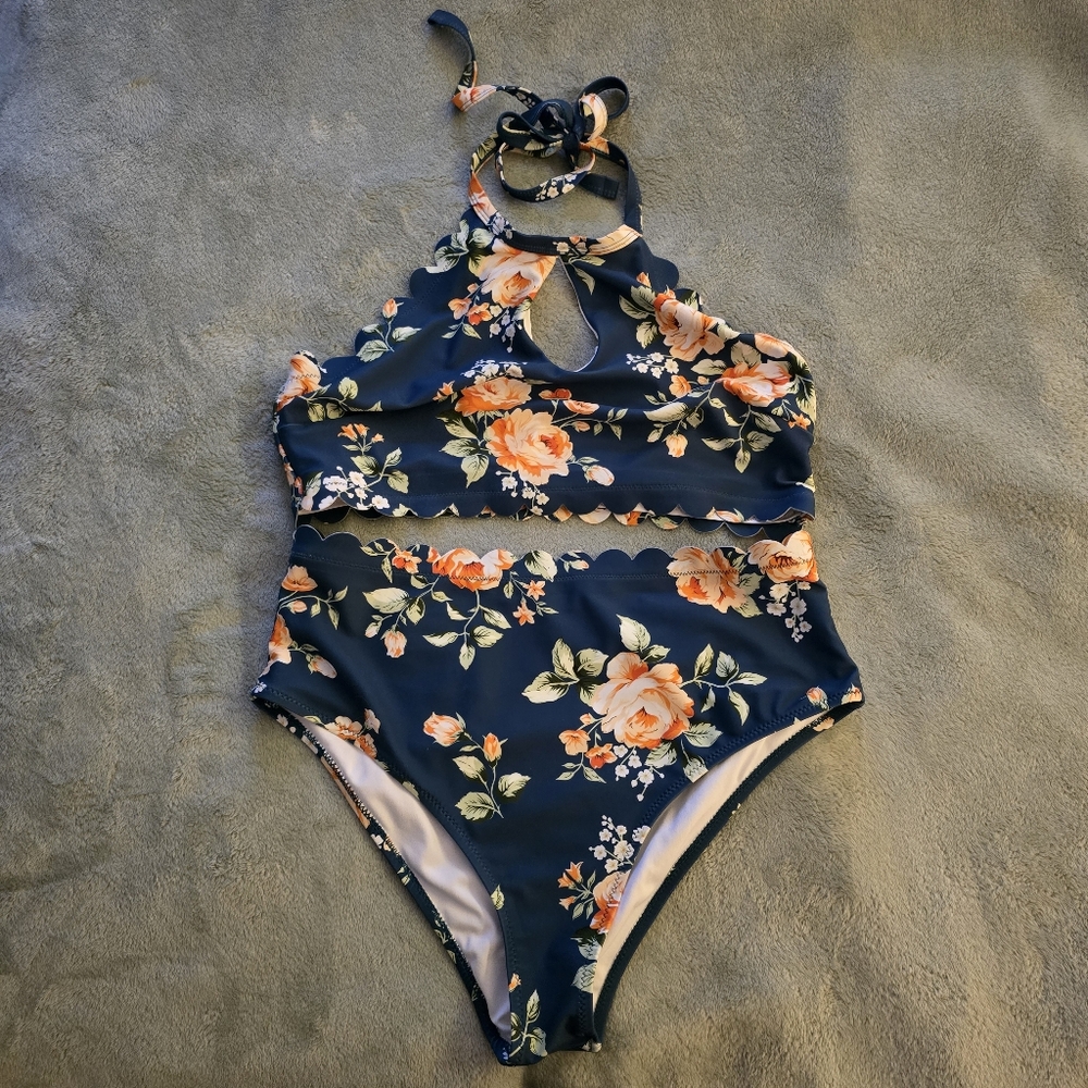 Floral Halter Top Bikini High Waisted Swimsuit